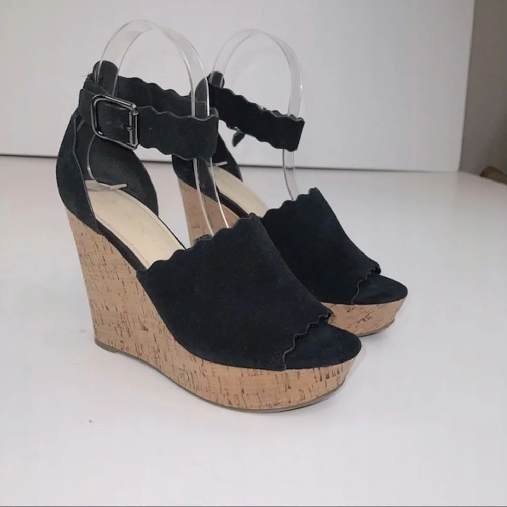 Marc Fisher Black Leather Hayo Wedge Platform Sandal 6